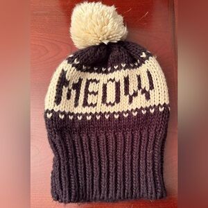 Cat Lady MEOW crochet style brown beanie fluffy Pom-pom Gently used like new